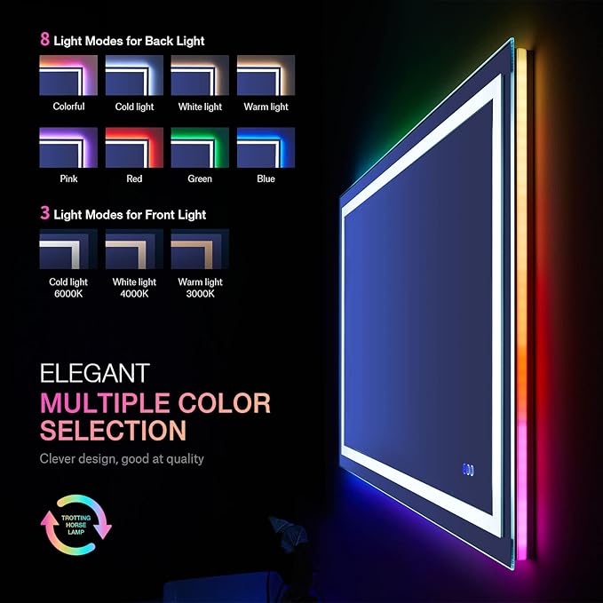LOAAO 48"X28" LED Bathroom Mirror with Lights, Anti-Fog, Dimmable, RGB Backlit + Front Lighted, Bathroom Vanity Mirror for Wall, Memory Function