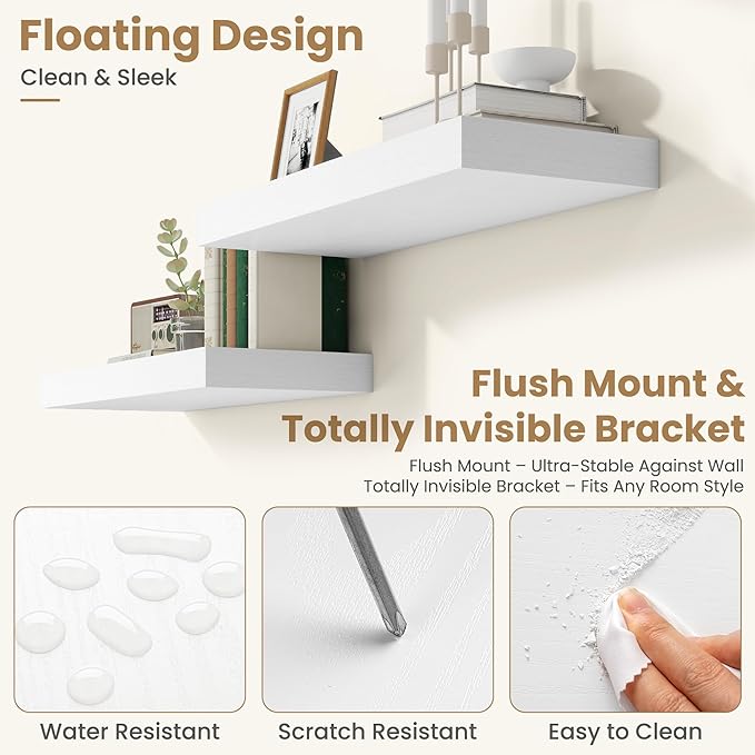 FLYJOE 48 Inch Long Floating Shelves for Wall Set of 1, 12" D Wood Grain Bathroom Shelves with Invisible Brackets, Easy Install Engineered Wood Storage Shelves for Kitchen, Living Room, Bedroom