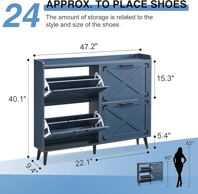 Shoe Storage Cabinet,Farmhouse Shoe Organizer with 4 Flip Drawers & Barn Door Design,Freestanding Hidden Slim Narrow Shoe Rack Cabinet for Entryway,Foyer,Hallway,Navy Blue
