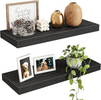 Fixwal Floating Shelves for Wall, 15.7" Wood Wall Mounted Shelves for Living Room, Bedroom, Bathroom and Kitchen, for Storage, Books, Room Decor (Black, Set of 2)