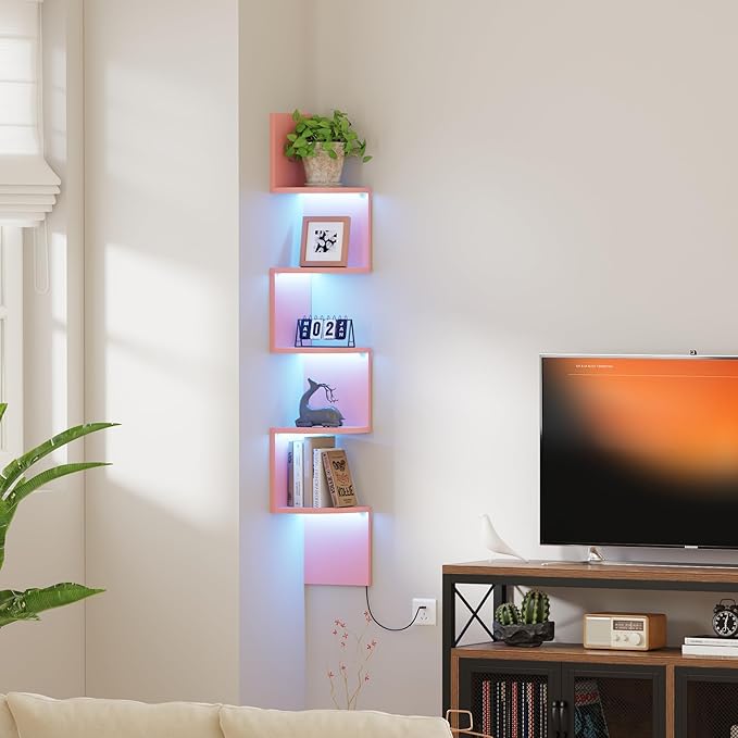 Qupui 5-Tier Corner Shelf with LED Lights, 49 Inch Floating Wall Mounted Corner Shelf for Bedroom Living Room Bathroom, Pink Corner Bookshelf Display Stand with RGB Lighting