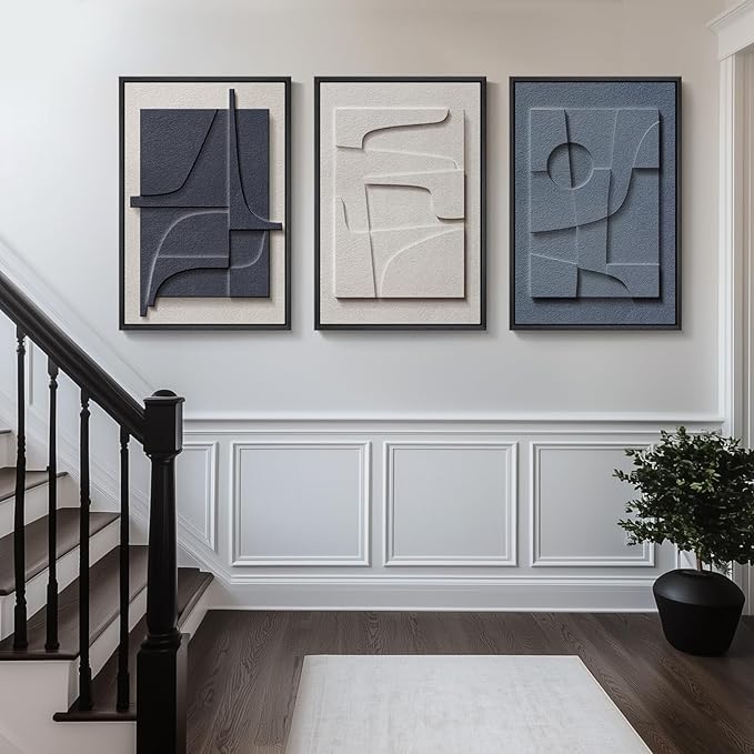 Large 3D Textured Framed Blue and White Abstract Wall Art, 3 Piece Modern Artwork for Walls, Minimalist Navy Blue Geometric Paintings for Living Room, Bedroom, Dining Room, Office Wall Decor 20x30 In