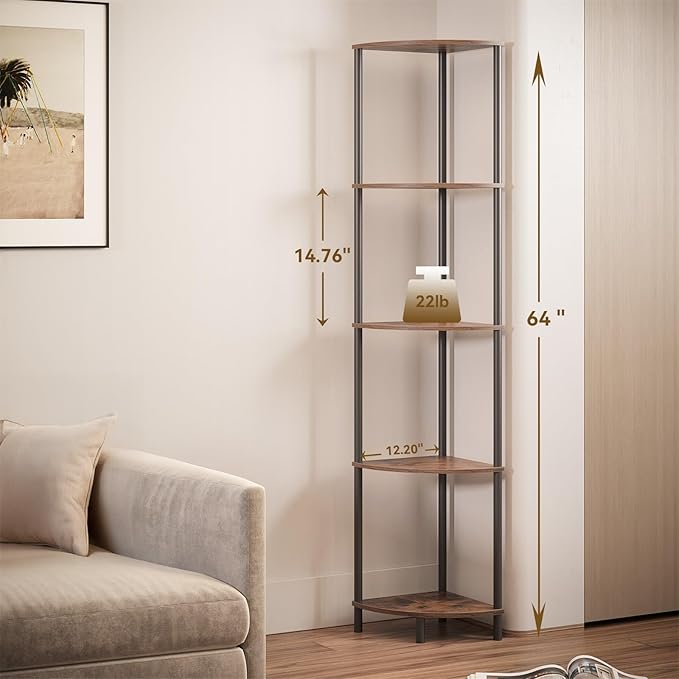 SUNMORY 5 Tier Corner Shelf with LED Light, Industrial 65" Corner Shelves Display Shelf for Living Room Decor, Wall Corner Bookshelf Multi Unit Organizer, Tall Shelf Plant Stand for Bedroom, Bathroom