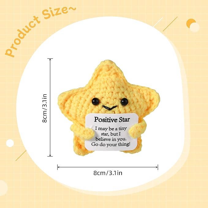 Positive Star 3 inch Handmade Knitted Wool Doll with Positive Card for Cheer Up Gifts Emotional Support Crochet Star Doll for Home Decoration