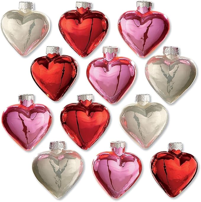 Lillian Vernon Shiny Glass Hearts Valentines Ornaments - 12 Piece Set, Blown Glass, Handcrafted Hanging Tree Decorations, Valentine's Day Holiday & Party Decor, 2" Tall Heart, Red, White & Pink