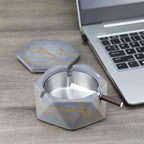 FREELOVE Concrete Ashtray with Lid & Stainless Steel Ashtrays for Cigarettes, Cement Ash Tray Smoking Holder Indoor Smokeless Outdoor Windproof Patio Home Office Cool Decor(Grey-Gold, Small)