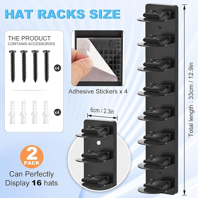 Eiito Hat Organizer for Baseball Caps, 4 Pack Strong Adhesive Hat Rack for Wall, Multilayer Hat Storage Display Holder, Wall Mounted Hat Hooks Hold up to 16 Hats for Closet (Black 4PCS)