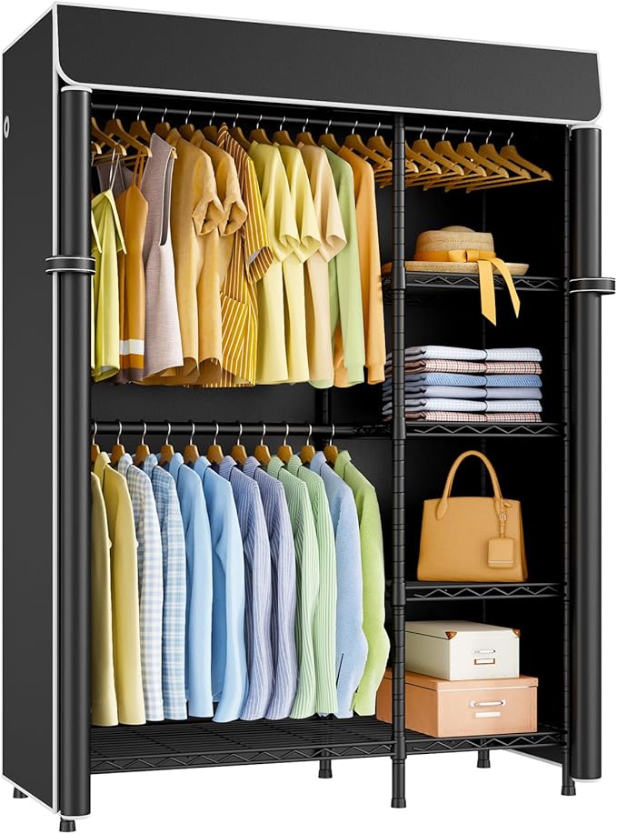 F2C Clothes Rack with Cover, Clothing Racks for Hanging Clothes, Heavy Duty Garment Rack with Shelves and Hanger Rods, Black Closet with Black Cover, 47.2" W x 16.5" D x 78.3" H, Load 630lbs