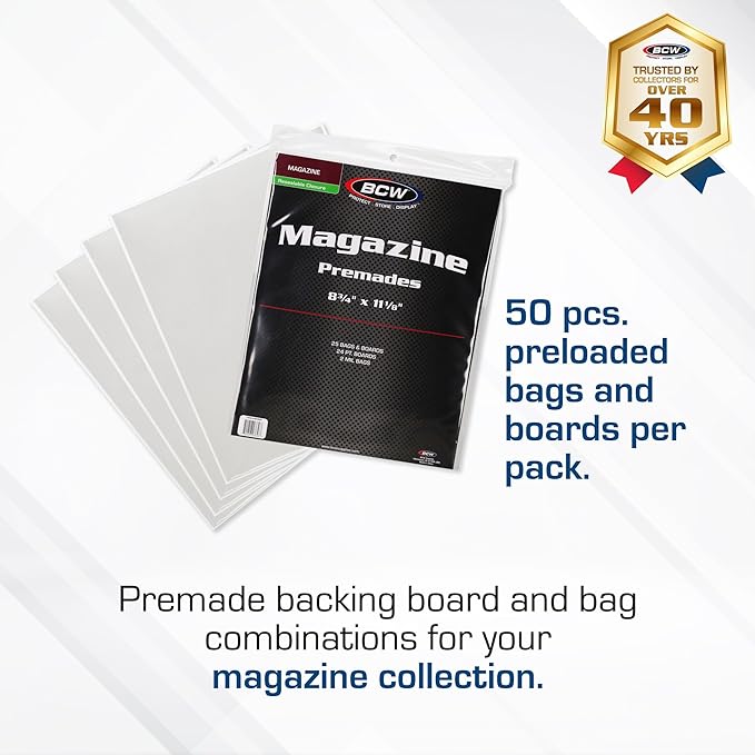 BCW Magazine Bags and Boards – (50 Pack) | Premade Resealable Magazine Protectors | Standard Size 8 ¾" x 11 ⅛" | Magazine Sleeves and Boards Pre-Loaded for Storage and Display