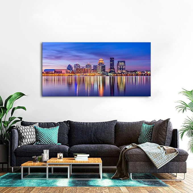 Louisville City Wall Art Sunset Kentucky Decor Colorful Waterfront Park Canvas Prints Pictures Louisville Skyline Painting Cityscape Poster Artwork for Kitchen Living Room Home Decoration 24x48”