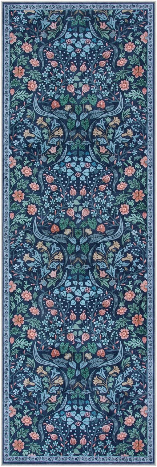 Moynesa Floral Kitchen Runner Rug 2x6, Washable Boho Runners for Hallways Non Slip Soft Bathroom Carpet Runner, Botanical Ultra Thin Throw Mat for Laundry Room Entryway, Blue