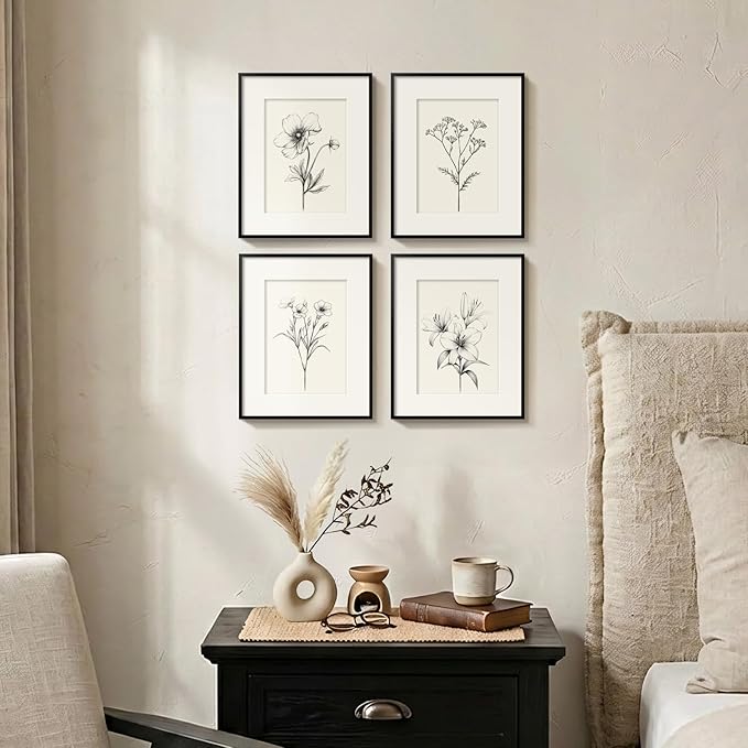 Framed Black and White Botanical Wall Art for Bathroom, 4 Piece Minimalist Floral Plant Artwork for Walls, Vintage Farmhouse Flower Picture Prints for Bedroom Kitchen Living Room Wall Decor, 8x10 Inch