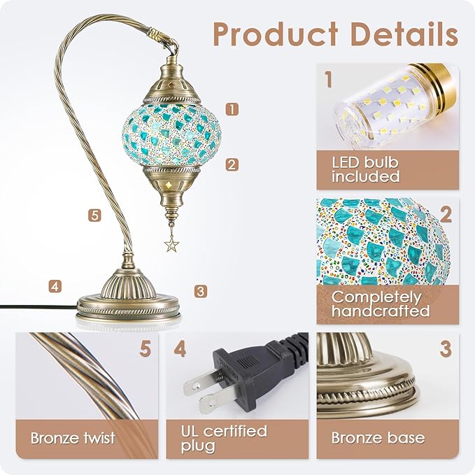 Yarra-Decor Turkish Moroccan Lamp with Bronze Base 3-Way Color Changing Handmade Swan Neck Tiffany Mosaic Glass Bedside Lamps for Bedroom (LED Bulb Included) (Colorful4)