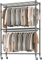 BATHWA Heavy Duty Garment Rack on Wheels, Rolling Clothes Racks for hanging clothes, Simple Sturdy Wardrobe Rack with Double Hanging Rods, 8 Side Hangers, Gray
