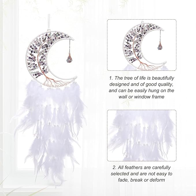 PATIKIL Crystal Life of Tree Dream Catchers, 28 Inch Feather Handmade Moon Dream Catchers with Gemstone Agate Stone Wall Hangings Decor for Home Wedding Bedroom Living Room, White