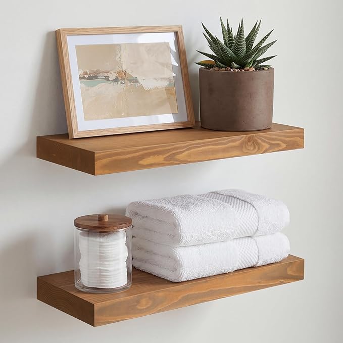 Homeforia 16 inch Golden Oak Floating Shelf, High End Solid Real Wood 16inch Small Floating Shelves for Wall Mounted, Oak Wooden 16in Floating Shelves, Heavy Duty Bracket, 16 X 6.5 X 1.75 in, Set of 2