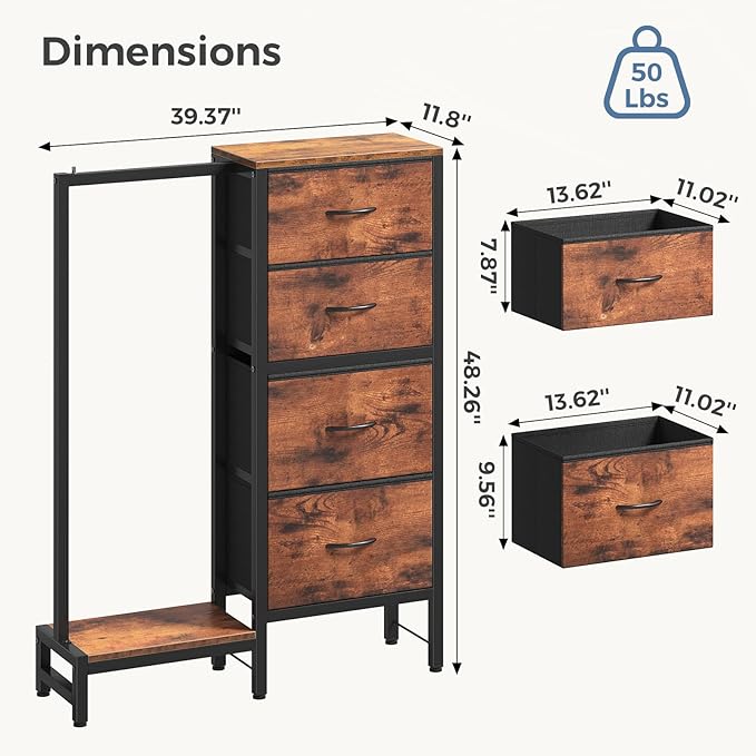OLIXIS 4 in 1 Storage with Hanging Rack, Clothes Rack Shoes Rack, Bag Hook, Tall Storage Tower, Sturdy Frame for Bedroom Entryway Living Room Brown