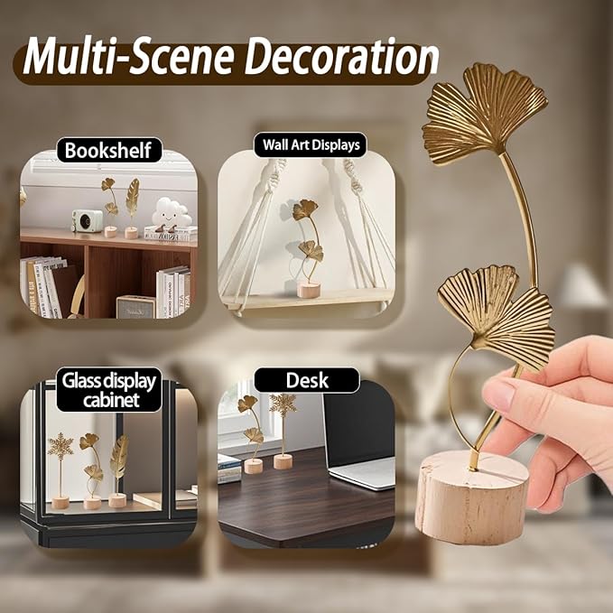 Gold Leaf Home Decor Set - Metal Leaves Statues, Modern Artistic Sculptures for Living Room, Office, Shelf & Home Decorative, Handmade 3D Botanical Accents (Sunshine, Feather, Ginkgo, 3PCS)