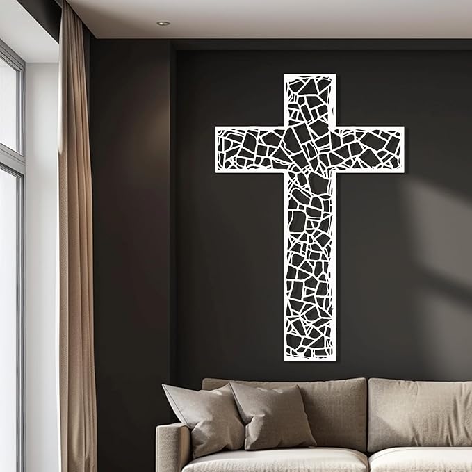 WORGO White Metal Cross Wall Decor Iron Christian Cross for Home Church, Hollow Out Artistic Hanging Ornament, Crosses Wall Decor for Living Room, Bedroom, Decorative Thankful Religious Gift 35.4x23.5 inch