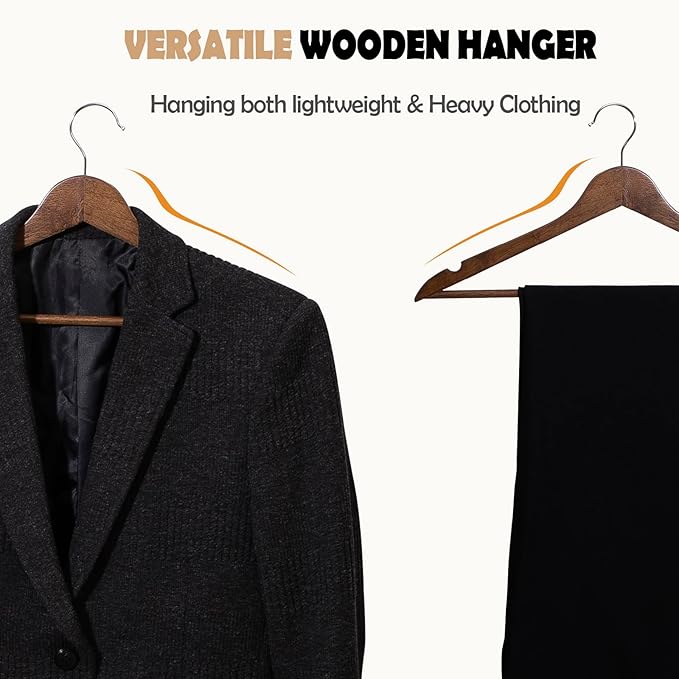 ELONG HOME Solid Wooden Hangers 30 Pack, Wood Suit Hangers with Extra Smooth Finish, Precisely Cut Notches & Chrome Swivel Hook, Wooden Clothes Hangers for Shirt Coat Jacket Dress