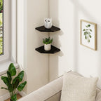 Fun Memories Corner Shelf Wall Mount Set of 2 - Solid Oak Wood Floating Corner Shelf with Cable Hole, 7in Rustic Design for Bedroom, Living Room, Kitchen (Black)