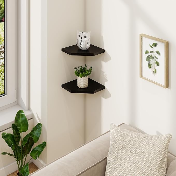 Fun Memories Corner Shelf Wall Mount, Solid Oak Wood Floating Corner Shelves with Cable Hole, 7in Rustic Design for Bedroom, Bathroom, Kitchen, Living Room (Black, 1 Pack)