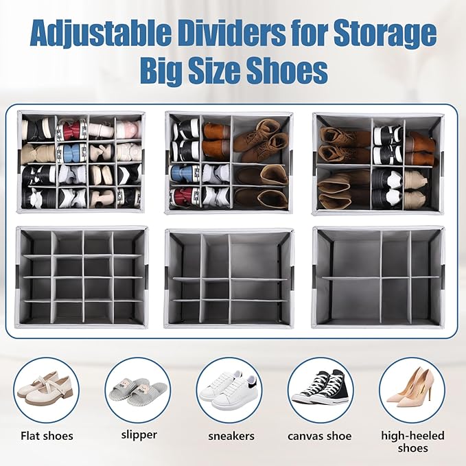 HOUSE AGAIN Shoe Organizer for Closet, Foldable Shoe Storage Organizer Box with Wheels and Adjustable Dividers, Sturdy Metal Frame Fits up to 16-32 Pairs, Large Shoes Storage with Clear Cover