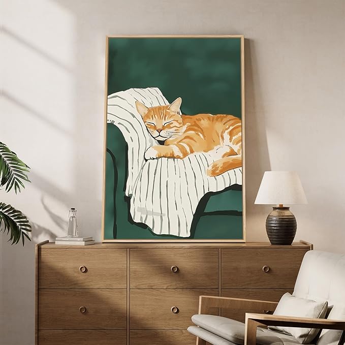 Framed Animal Wall Art for Bedroom Wall, Large Cozy Orange Tabby Cat Canvas Painting for Room Decor, Cute Pet Artwork for Walls, Relaxing Picture Print for Nursery Hallway Wall Decor, 24x36 Inch