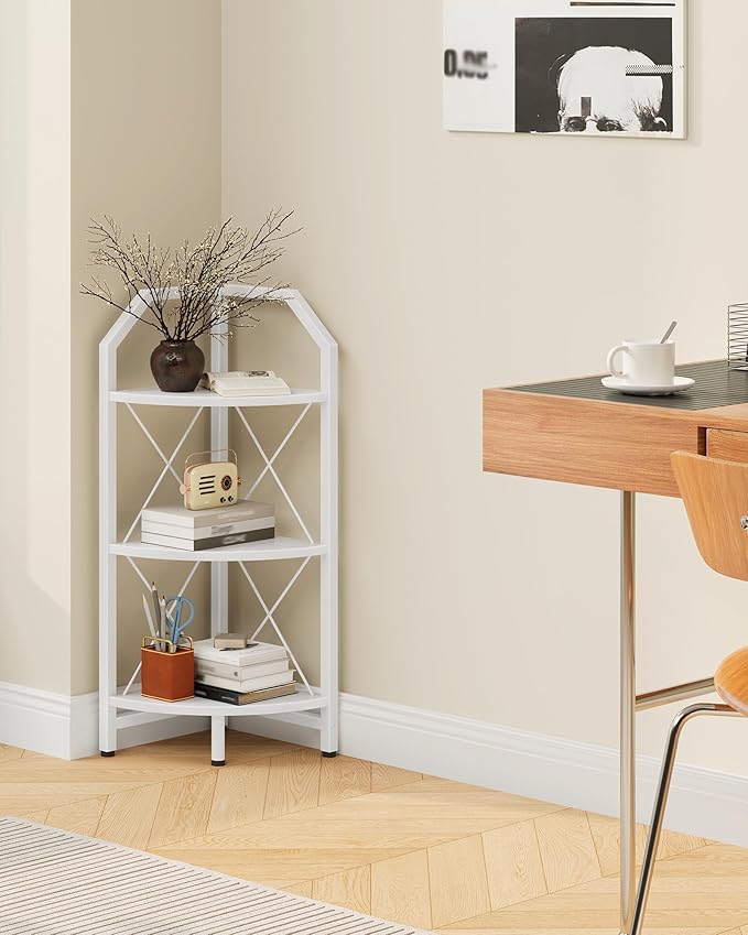 CHOEZON 3-Tier Corner Shelf, Industrial Corner Bookshelf, 35.4" Storage Stand, Plant Stand Display Shelf, Bookcase for Bedroom, Living Room, Home Office, White TCJ03WB