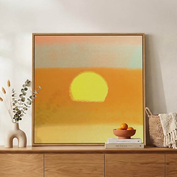 Framed Boho Abstract Sunset Wall Art for Living Room, Square Orange Minimalist Canvas Artwork for Walls, Mid Century Modern Bohemian Pictures Wall Decor for Bedroom Hallway Home Office, 24x24 Inch