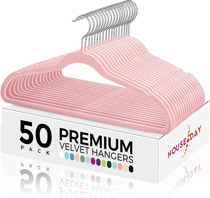 HOUSE DAY Premium Velvet Hangers 50 Pack Pink, Non-Slip Flocked Felt Hangers, Sturdy Clothes Hanger Heavy Duty Coat Hanger, Durable Slim for Closet Space Saving