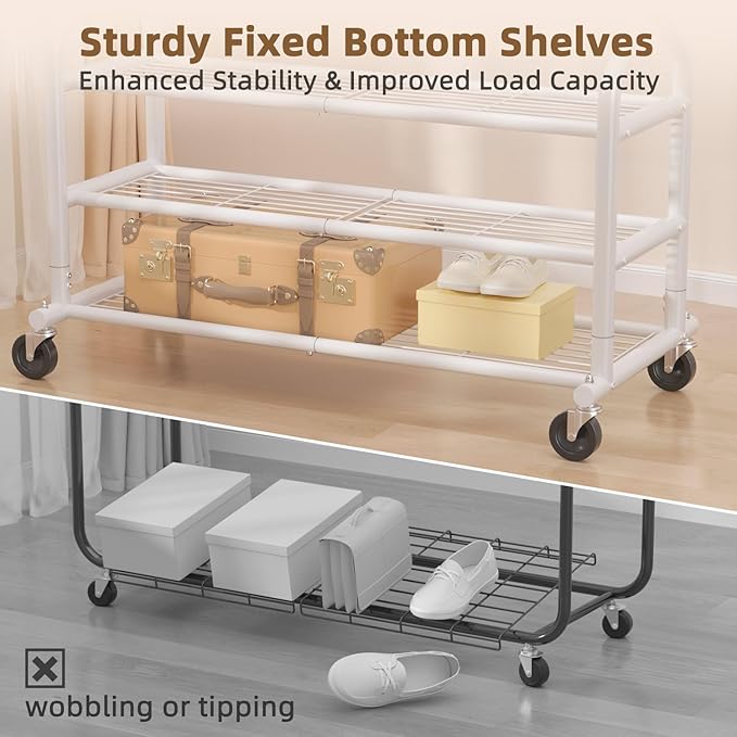 EAGMAK Heavy Duty Clothes Rack Load 688 LBS, Rolling Clothing Rack With 3 Shelves, Adjustable Metal Clothes Hanger with Wheels Portable Wardrobe Organizer Garment Rod for Hanging Clothes (White)