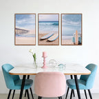 KAlRNE Coastal Seascape Wall Art Set of 3(24”X36”),Modern Ocean Beach Wall Decor,Seaside Holiday Surfboard Framed Canvas Paintings,Vintage Bridge Blue Bus Art Prints For Living Room Bedroom Office
