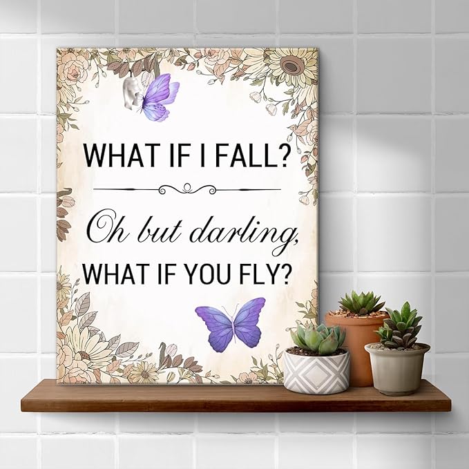 Inspirational Purple Butterfly Wall Art Decor, What If You Fly Motivational Quote Canvas Painting Artwork Picture Posters for Teens Room Bedroom Office (8 X 10 Inches, Framed)