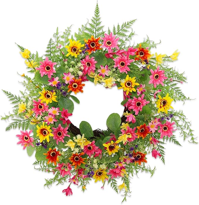 Spring Summer Wreaths for Front Door,22 Inch Artificial Spring Summer Daisy Wreath with Wildflowers,Eucalyptus Leaves for Indoor Outdoor Wall Porch Festival Farmhouse Home Holiday Decor.