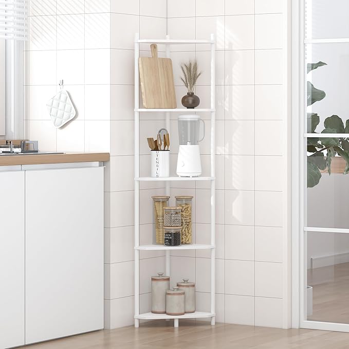 Wisuce Corner Shelf Stand - 5 Tier White Bamboo Small Corner Bookshelf for Office Kitchen Bedroom Plant Stand Living Room Decor Small Space
