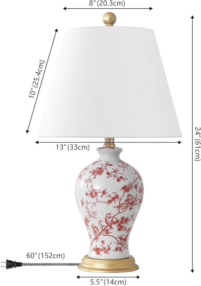 JONATHAN Y 24" White/Red French Country Ceramic Floral Urn Table Lamp, White Linen Shade, Chinoiserie Ginger Jar Bedside Lamp for Living Room Bedroom, LED Bulb (JYL3009C)