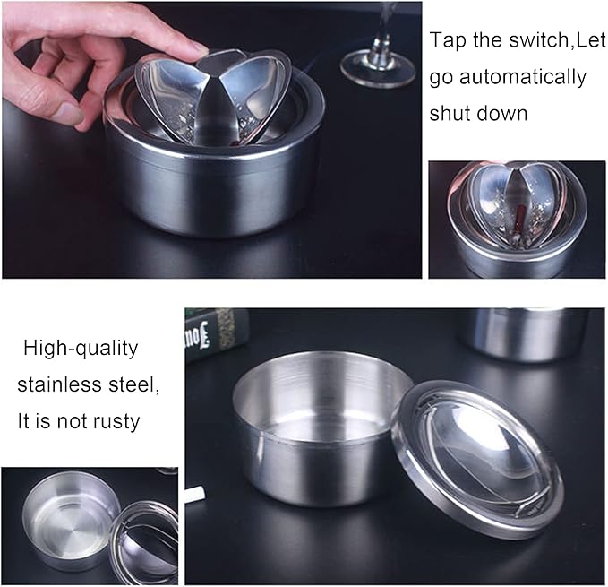 Outdoor Ashtray with Lid, Flip Top Stainless Steel Ash Tray, Metal Windproof Cigarette Ashtrays for Indoor or Outdoor Use, Desktop Ashtray Office Patio Home Decor