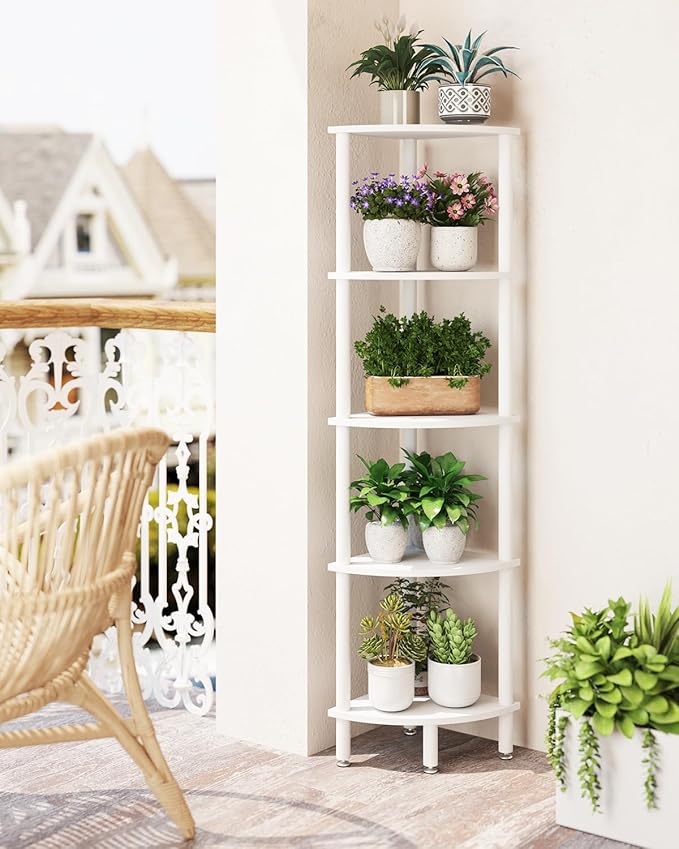 IBUYKE 5 Tier Corner Shelf Stand,Industrial Corner Display Rack,Corner Bookshelf for Living Room, Bedroom, Kitchen, Home Office, White WBC010W