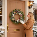 26 Inch Eucalyptus Wreaths with Roses, Hydrangeas, Lavender, Berries, Salal Leaves, Ferns, Dusty Miller, Green Summer Spring Wreaths for Front Door, Large Wreath for Porch Decor