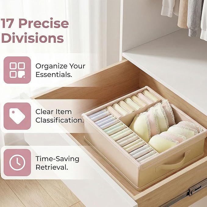 1 Pack Drawer Organizer Dividers with Lid, 17 Cell Underwear Organizer for Closet Organizers and Storage Boxes, Foldable Wardrobe Clothes Storage Bins for Underwear, Socks, Bras, Ties, Lingerie