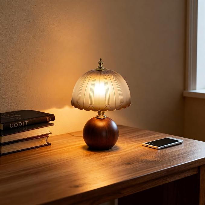 11.8" Decorative Wooden Table Lamp with Frosted Glass Shade, Dimmable Bedside Nightstand Lamp with E26 Socket & 6ft Cord, Small Accent Lamp for Bedroom & Living Room (Gradient)