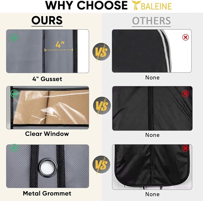 BALEINE 5PK Heavy Duty Garment Bag with Shoe Storage Travel Bag for Dresses, Suit, Coats Travel Essential (60", Grey)