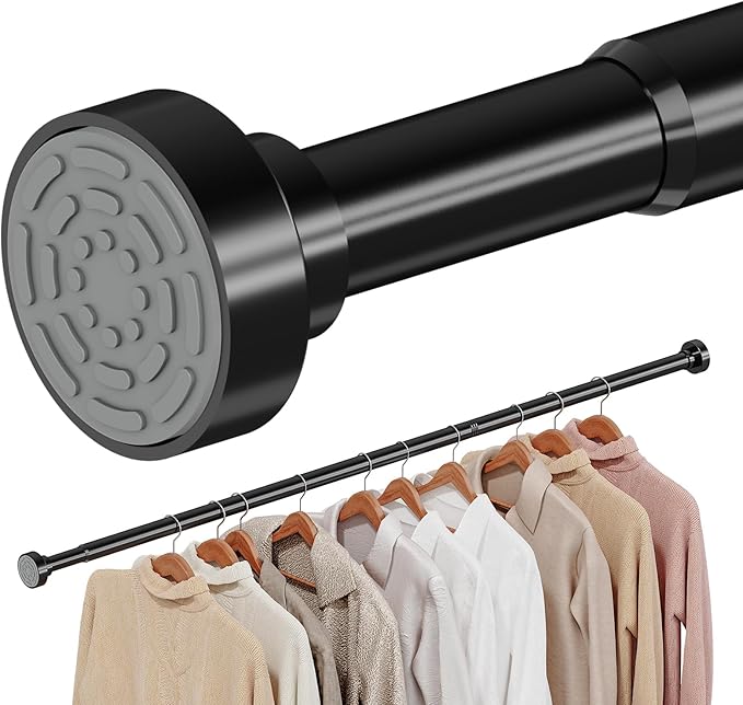 No Drilling Closet Rods for Hanging Clothes, Non Slip Tension Rod with Heavy Duty Clothes Hanging Rod, 17-39 Inches Adjustable Spring Closet Rod for Closet Wardrobe Bathroom Laundry RV, Black