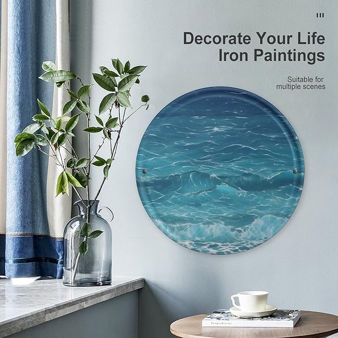 Wall Picture, with The Deep Ocean Printed Circular Iron Hanging Picture,Wall Art Decor,Home for Bedroom Living Room Bathroom Decor,Iron Painting 11.8X11.8 in