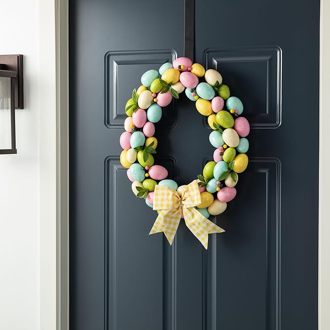 Glitzhome 18" H Easter Wreath with Artificial Easter Eggs Berries for Front Door Wall Decor, Spring Easter Egg Shaped Garland with Colored Eggs Bow Knot Holiday Decoration