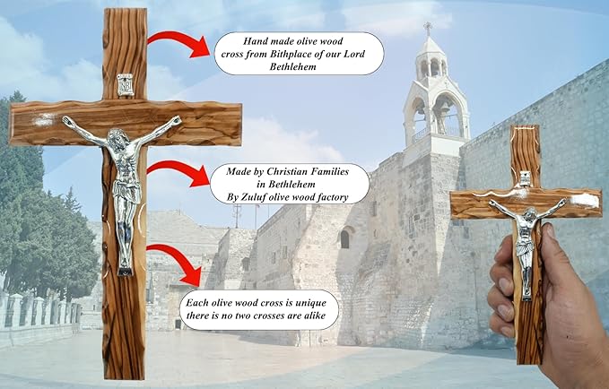 Zuluf 7.8" Olive Wood Latin Cross with Silver Plated Crucifix Christian Wall Gift from Bethlehem Holy Land CRS064