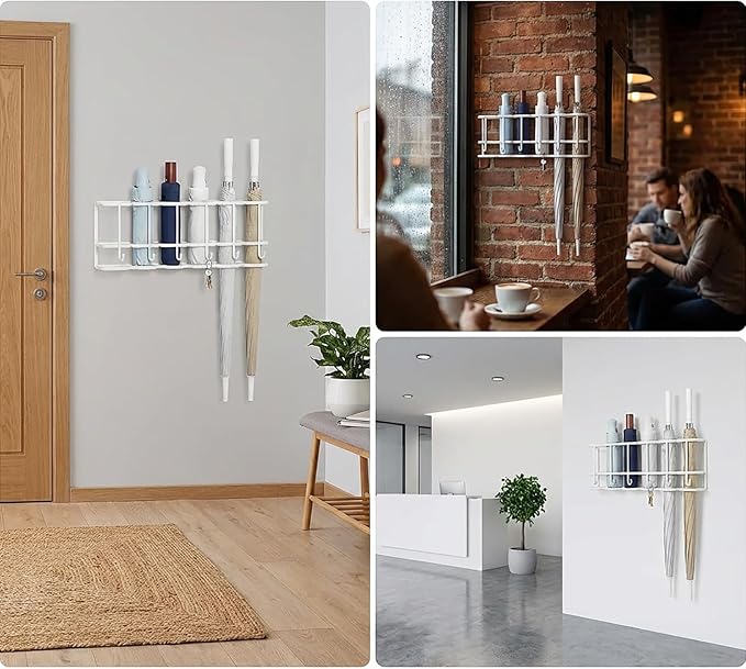 Wall Mounted Umbrella Holder for Entryway, Modern Metal Space-Saving Umbrella Stand Rack Indoor Organizer for Home Office Apartment(White,46.5CM)