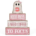 Moucuny 4 Pcs Pink Halloween Table Decorations Coffee Ghost Wooden Stacked Block Decor, "Hocus Pocus I Need Coffee to Focus" Signs, Cute Rustic Halloween Tiered Tray Decor for Home Kitchen Office Bar