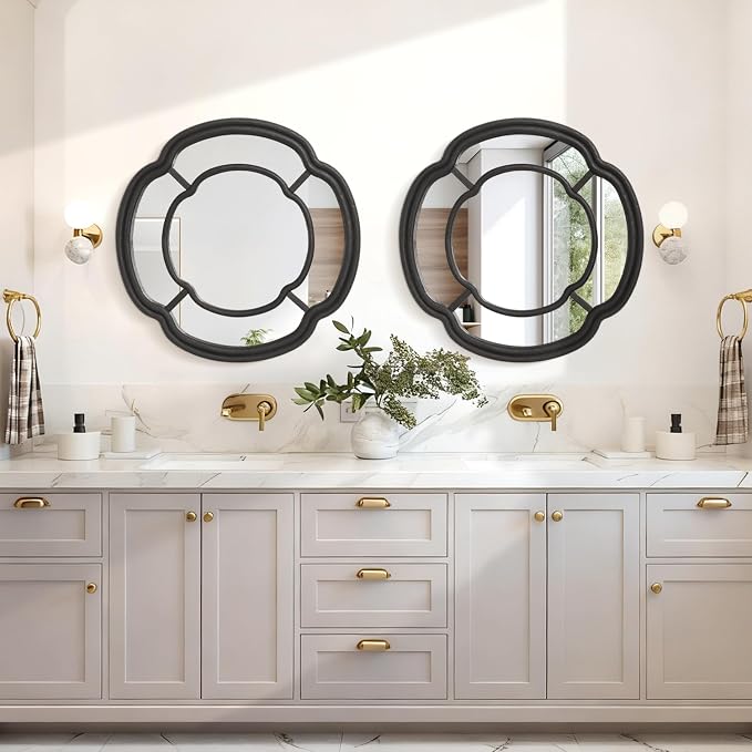 Black Wall Mounted Mirror, Large Irregular Circle Hanging Mirror Wooden Wavy Framed Round Decorative Mirrors for Hallway Entryway Vanity Decor 20 Inch Mirrors